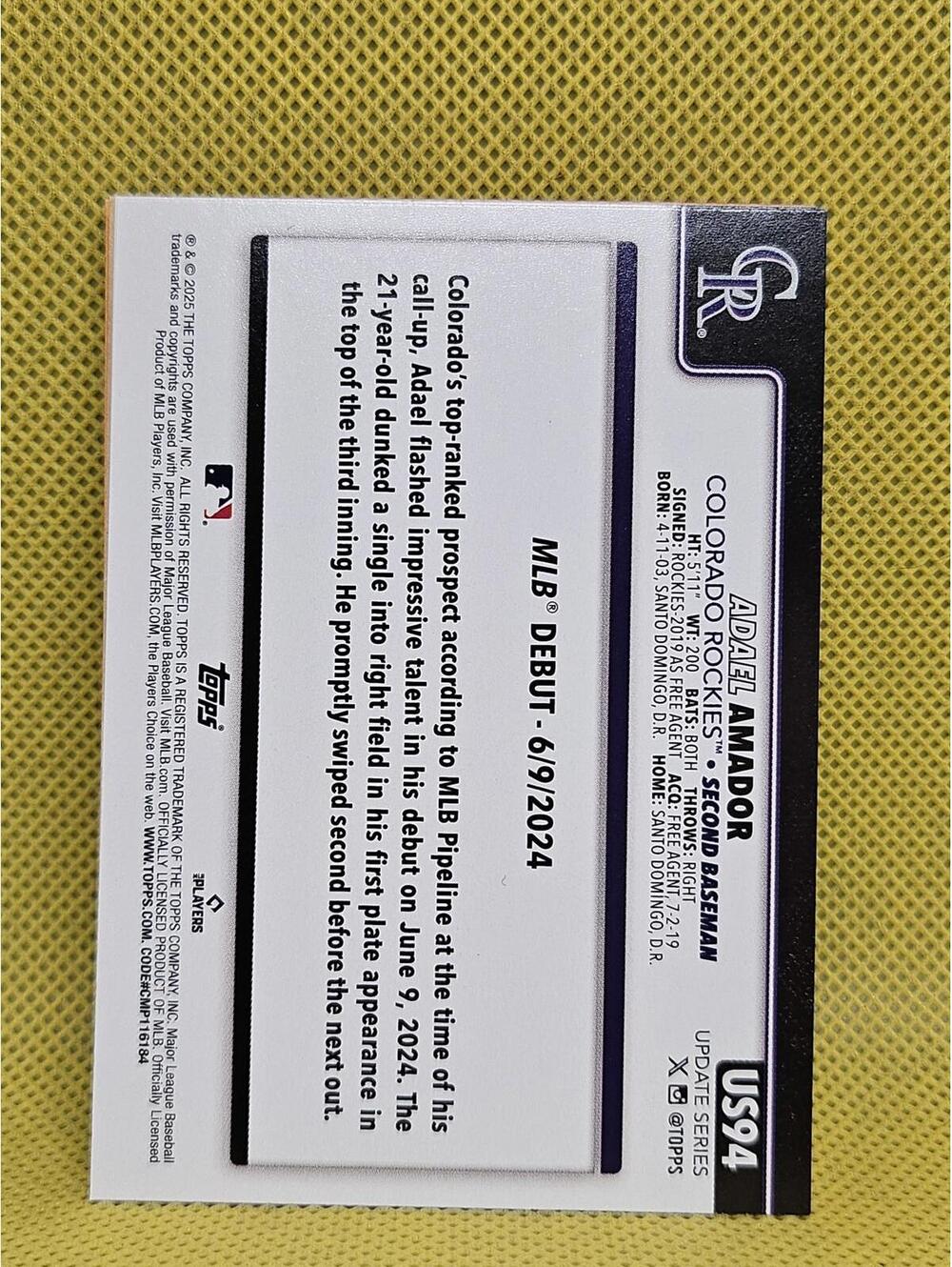 2025 Topps Update #US94 - Adael Amador - Rockies - Rookie Card - Picture 2 of 2